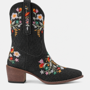 Bottes Santiags Noires à Motifs Floraux Brodés