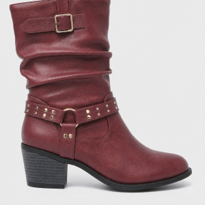 Bottes en Similicuir Bordeaux Plissées à Sangle Cloutée Mi-Mollet