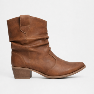Bottes en Similicuir Marron Froncées à Talon Carré