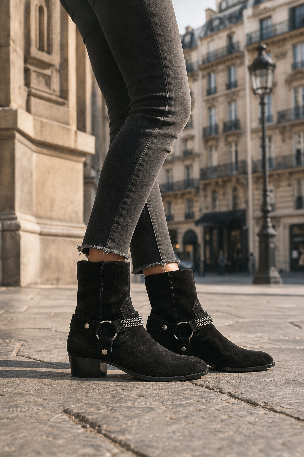Bottines en Daim Noir Style Harnais à Chaîne – Image 3
