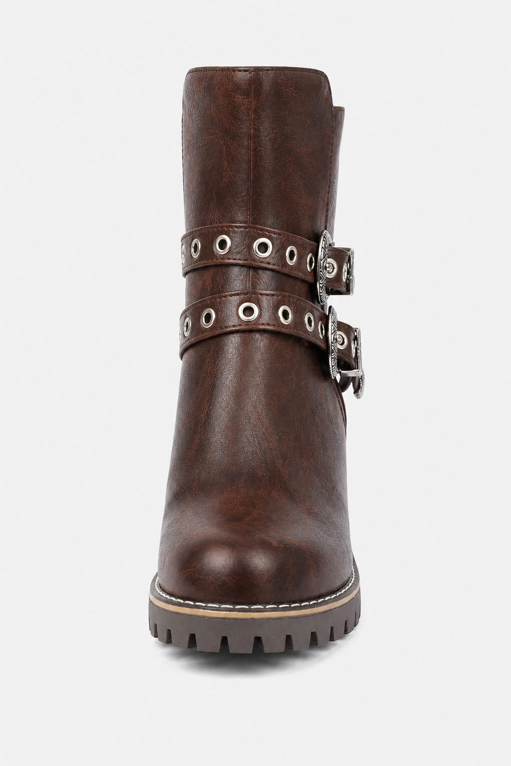 Bottines Biker en Similicuir Marron à Boucles Ornées – Image 4
