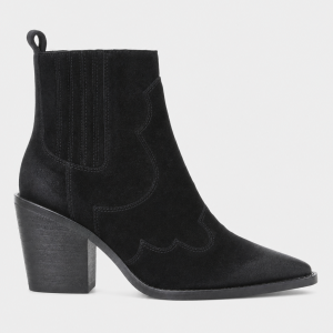Bottines Santiags en Daim Noir à Bout Pointu et Talon Bloc