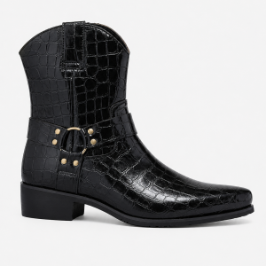 Bottines Homme Noires Façon Croco à Sangle Harnais