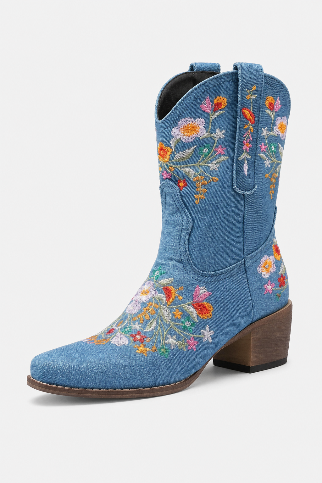 Bottes Santiags en Denim Bleu Clair à Motifs Floraux Brodés – Image 5