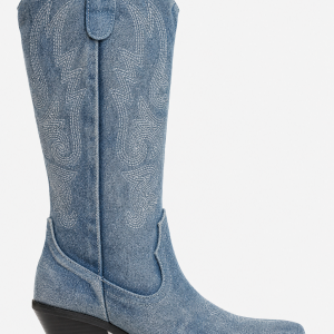 Bottes Santiags en Denim Bleu Délavé Brodées à Talon de 5 cm