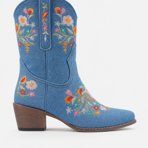 Bottes Santiags en Denim Bleu Clair à Motifs Floraux Brodés