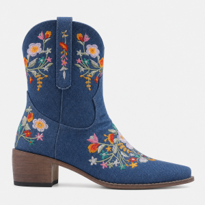 Bottines Santiags en Jean Bleu à Broderies Florales