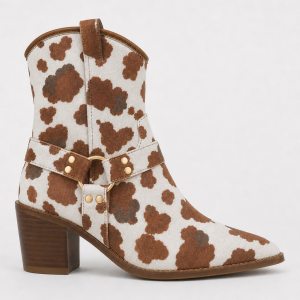 Bottes Santiags Basses à Motif Vache Blanc et Marron