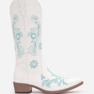 Bottes Santiags Blanches à Broderie Florale Bleu Ciel