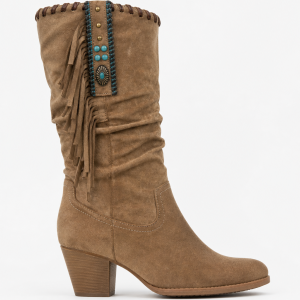 Bottes Western en Effet Daim Camel à Franges Turquoise