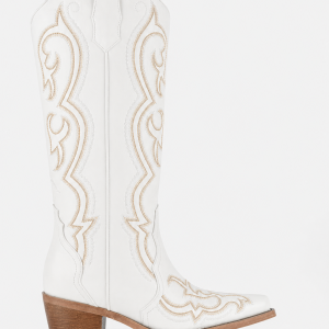 Bottes Santiags Blanches en Similicuir à Broderies Dorées