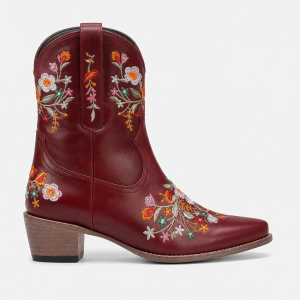 Bottes Santiags en Similicuir Bordeaux à Motifs Floraux