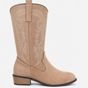 Bottes Mi-Mollet en Effet Daim Beige à Broderies Western