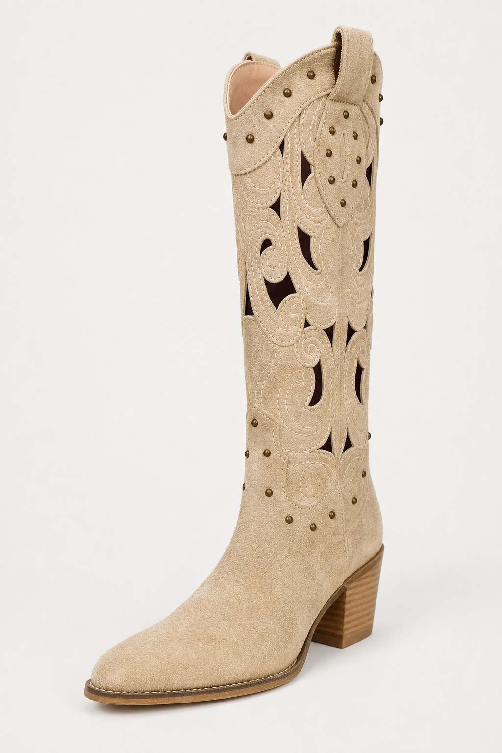 Bottes Santiags en Daim Beige à Motifs Ajourés et Clous – Image 5