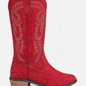 Bottes de Cowboy Mi-Hautes en Effet Daim Rouge à Broderies Western