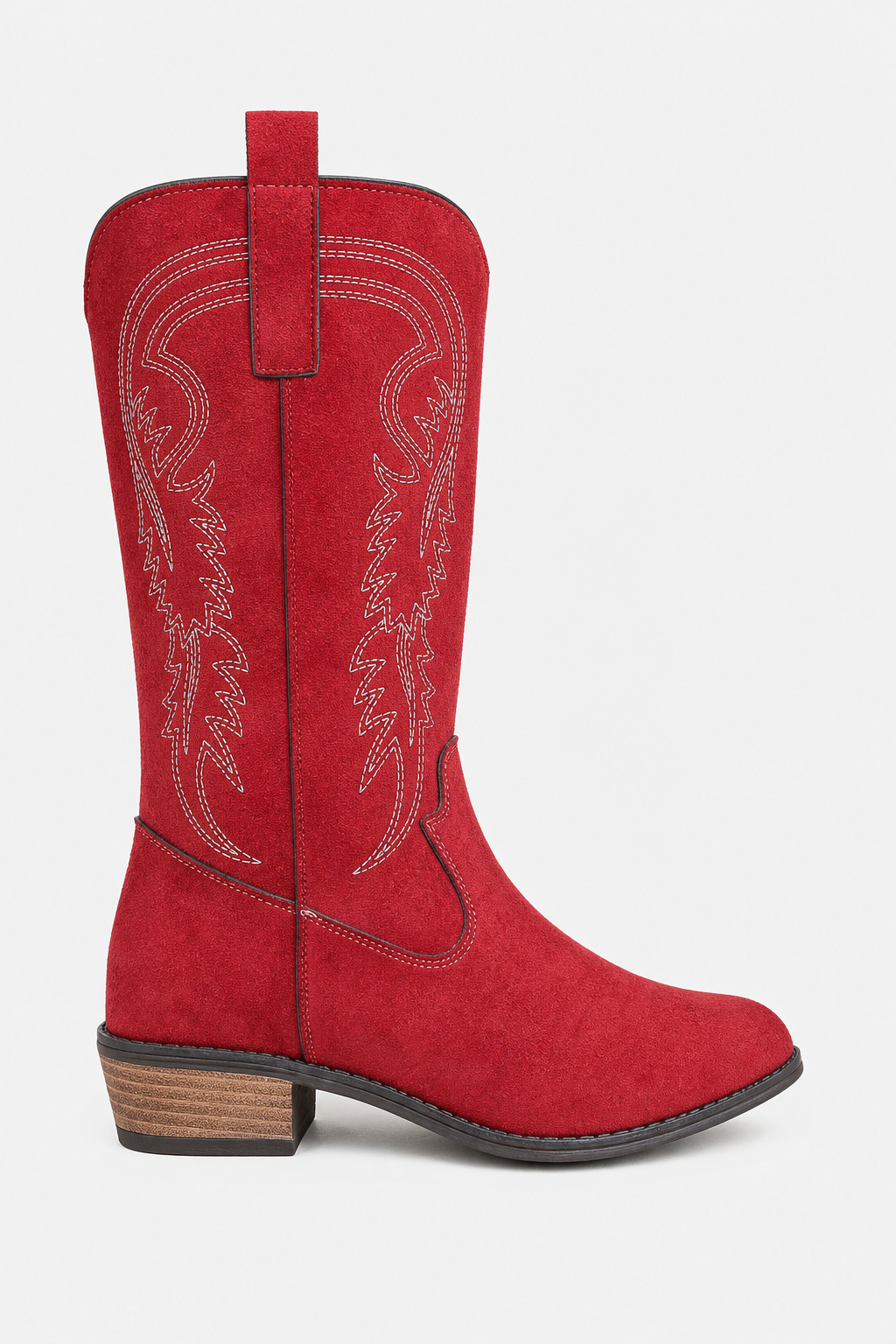 Bottes de Cowboy Mi-Hautes en Effet Daim Rouge à Broderies Western