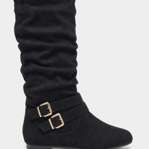 Bottes sans Talon en Effet Daim Noir Plissée à Boucles Dorées