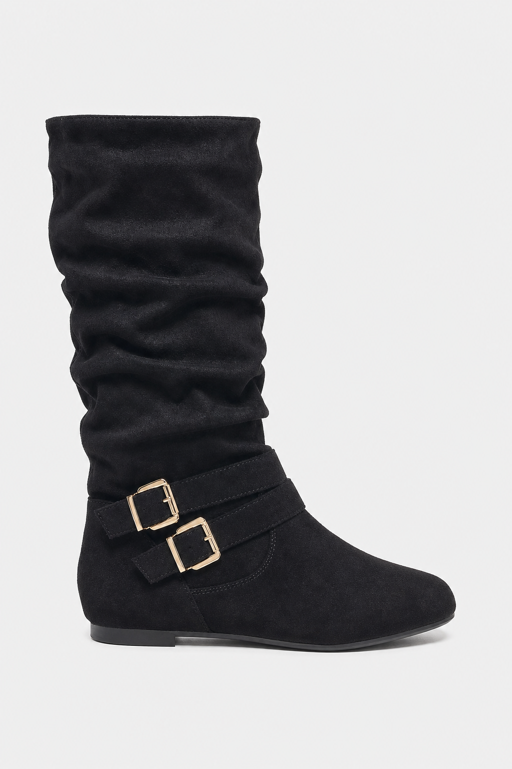 Bottes sans Talon en Effet Daim Noir Plissée à Boucles Dorées