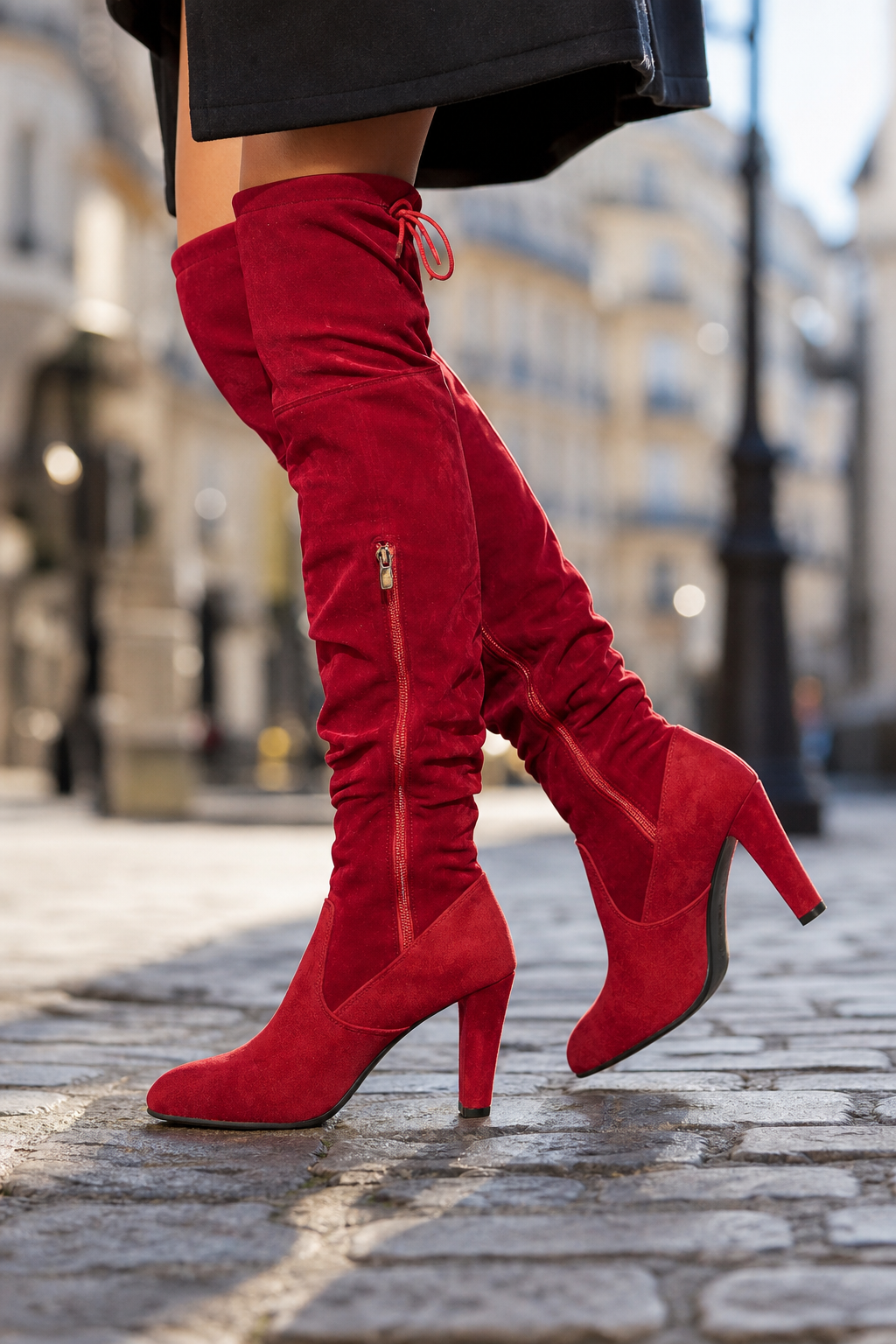 Bottes Cuissardes en Suédine Rouge à Talon Carré – Image 3