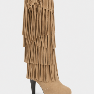 Bottes Hautes en Effet Daim Beige à Franges et Talon