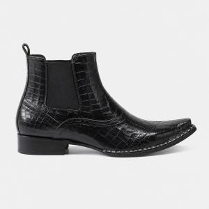 Bottines Homme Noires Façon Croco à Bout Pointu Métal