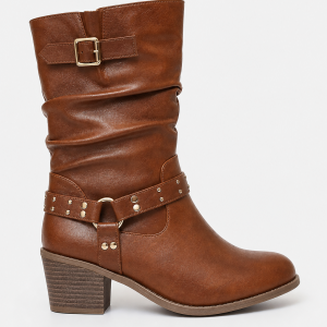 Bottes en Similicuir Marron Cognac Froncées à Clous