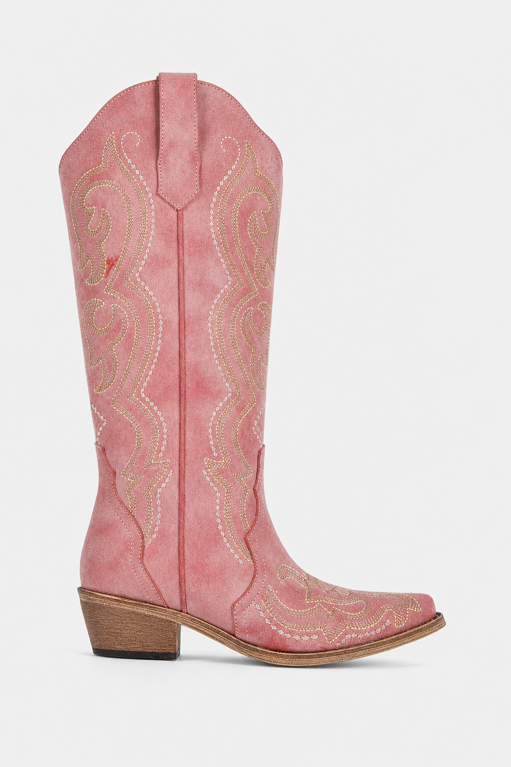 Santiags Hautes en Effet Daim Rose Fumé à Broderies Or