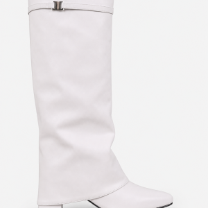 Bottes Montantes en Similicuir Blanc à Effet Plissé