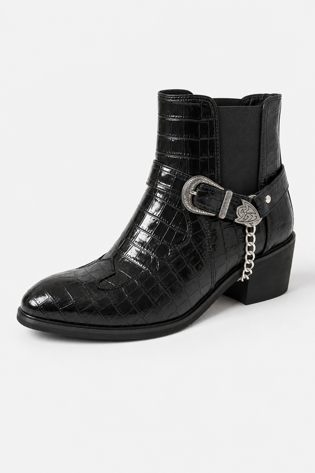 Bottines Noires Effet Croco Verni à Boucle Western et Chaîne – Image 5