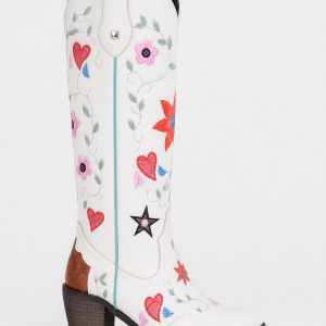 Bottes Santiags Blanches Brodées de Fleurs et Cœurs