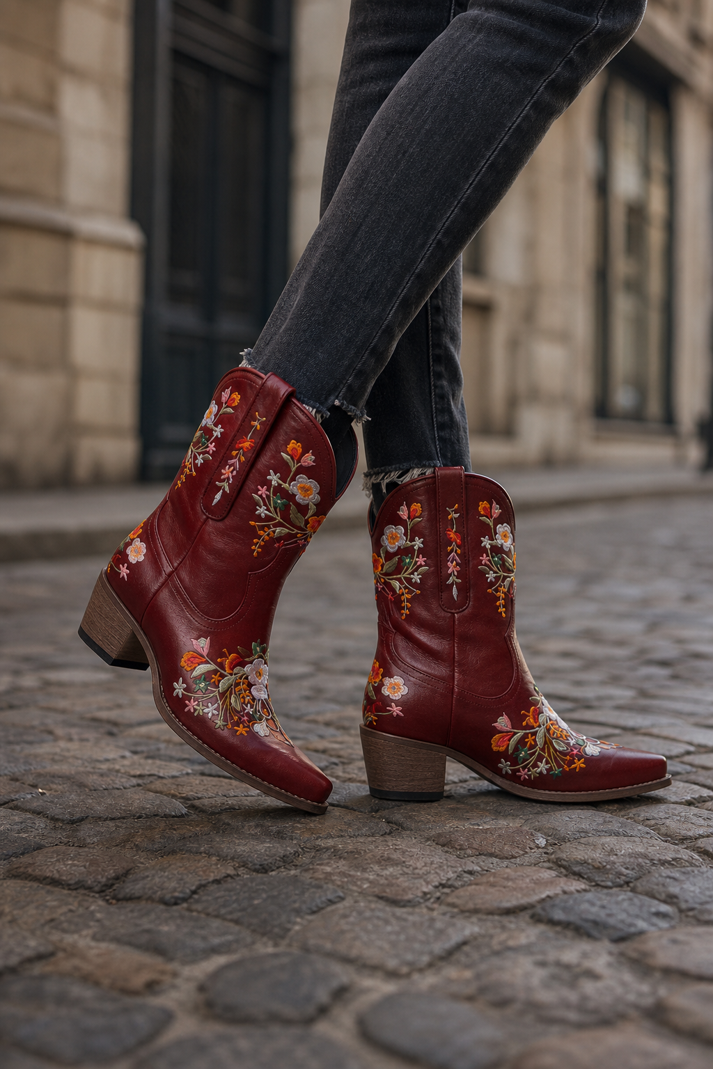Bottes Santiags en Similicuir Bordeaux à Motifs Floraux – Image 3
