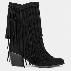 Bottes Mi-Mollet en Daim Noir à Franges Bohèmes