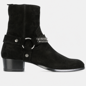 Bottines en Daim Noir Style Harnais à Chaîne
