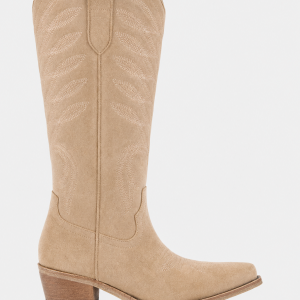 Bottes de Cowboy Hautes en Effet Daim Beige Brodées Premium