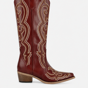 Bottes Santiags Hautes Rouge Bordeaux à Broderies Dorées