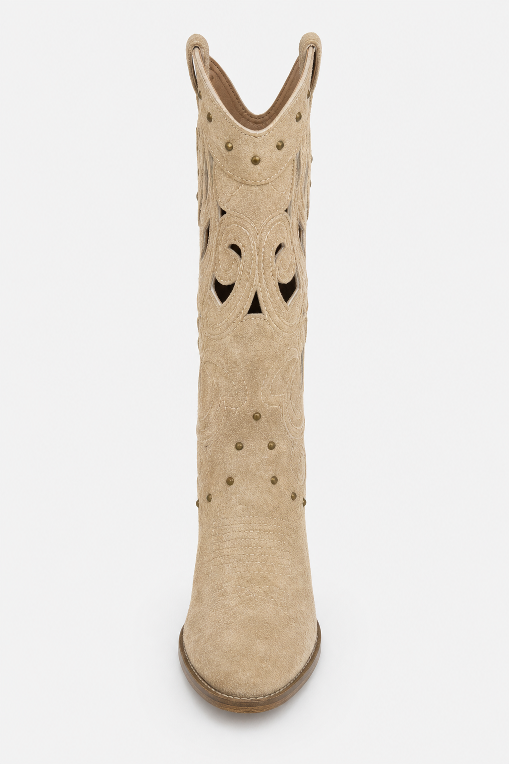 Bottes Santiags en Daim Beige à Motifs Ajourés et Clous – Image 4