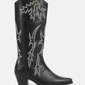 Bottes Santiags Hautes en Similicuir Noir à Broderies Argentées