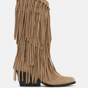 Bottes Santiags en Daim Camel à Franges Mi-Mollet
