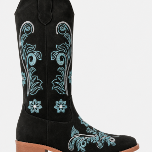Bottes Santiags en Suédine Noires à Motifs Floraux