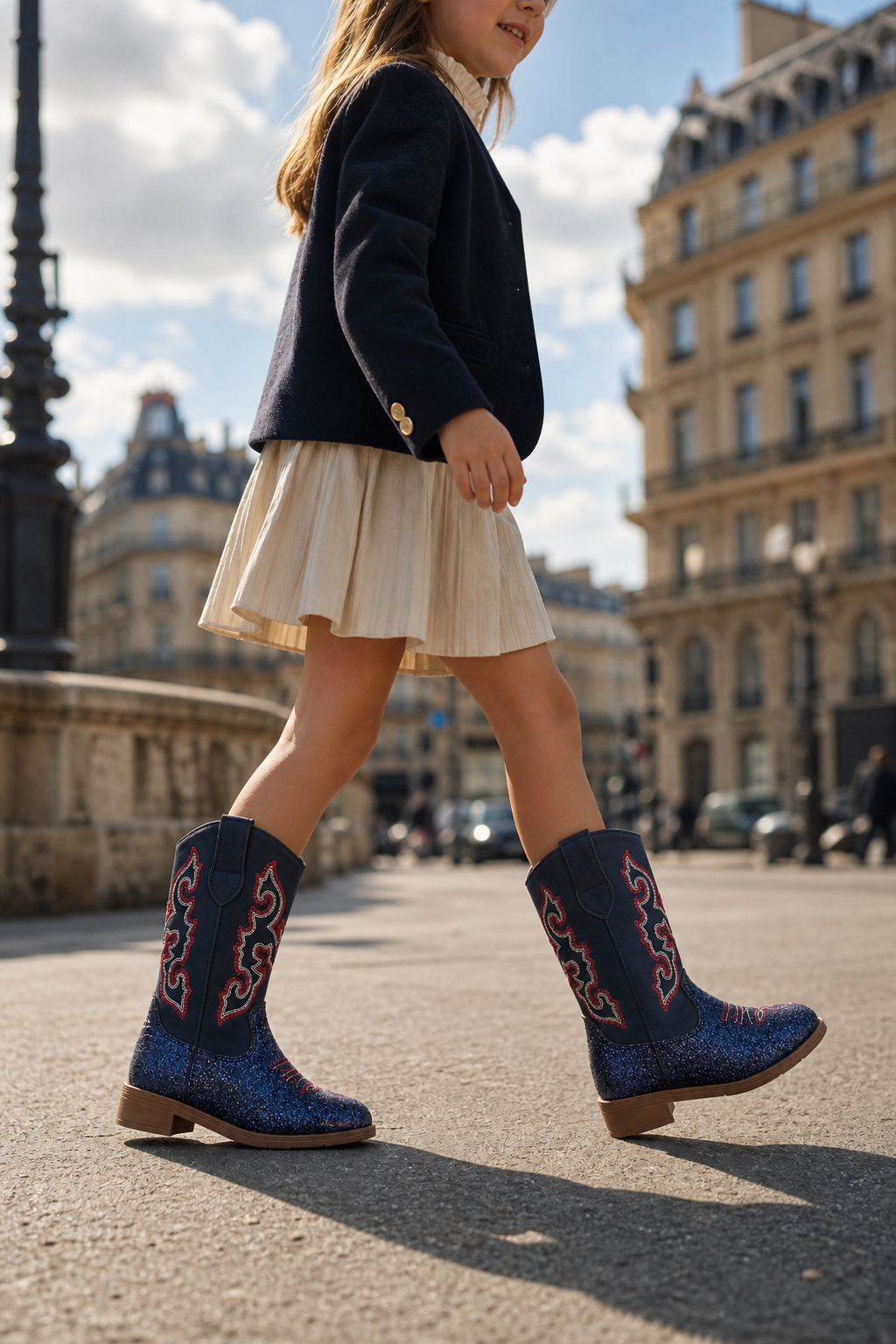 Santiags pour Enfant Bleu Marine Pailletées à Broderies Rouges – Image 3