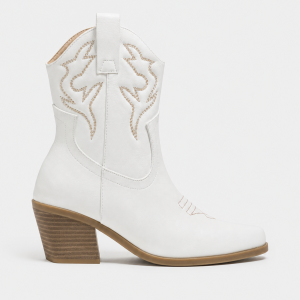 Bottes Santiags Blanches en Similicuir à Motifs Brodés