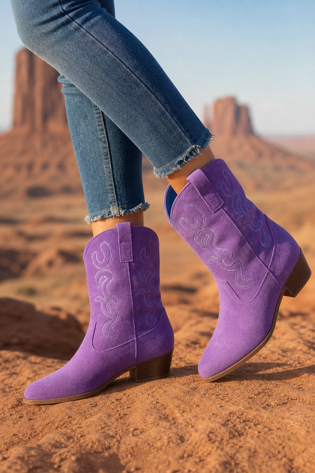 Bottes Santiags en Effet Daim Violet à Broderies Western – Image 3