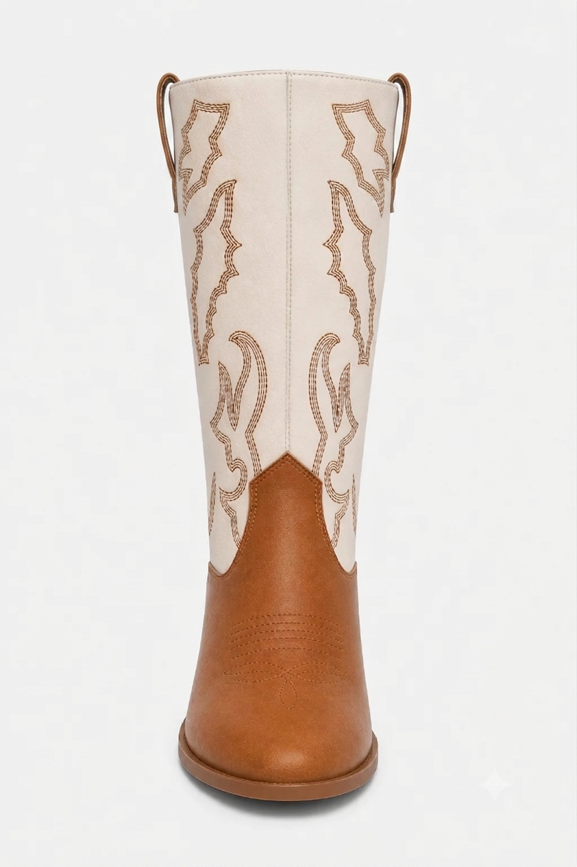 Bottes Santiags en Similicuir Crème et Cognac à Broderies – Image 4